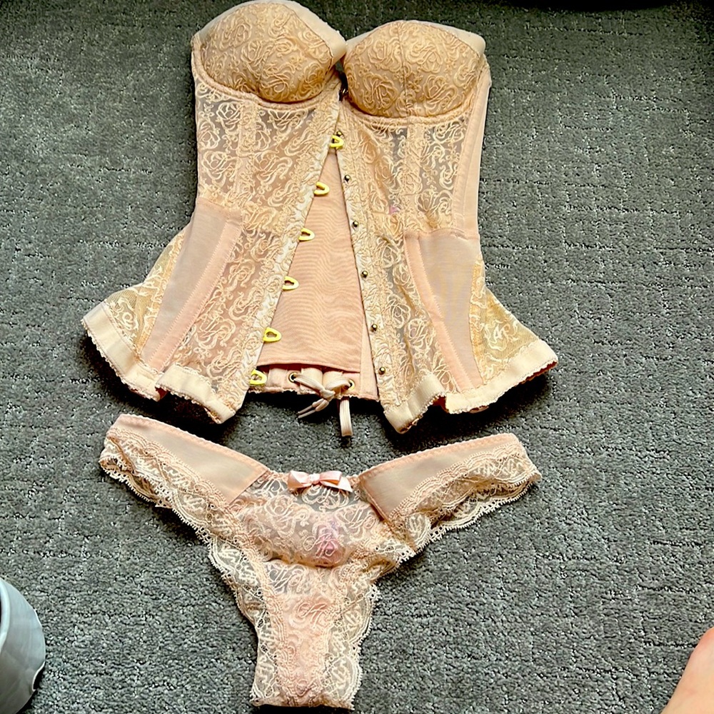 Agent Provocateur pink lace corset and underwear